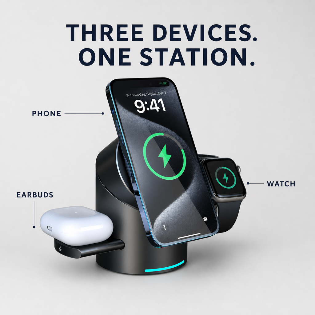 3-in-1 wireless charging station for phone, watch and earbuds
