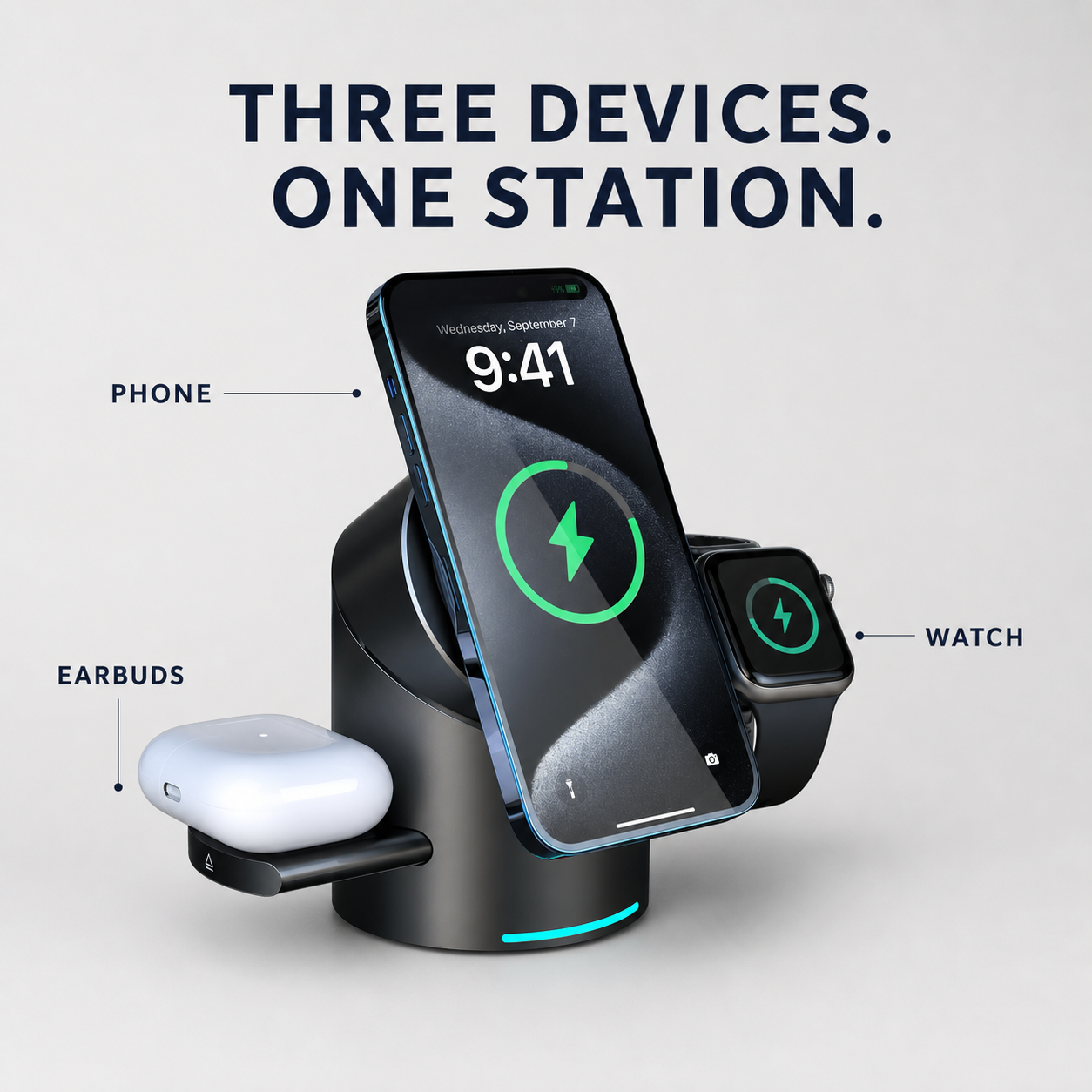 3-in-1 wireless charging station for phone, watch and earbuds