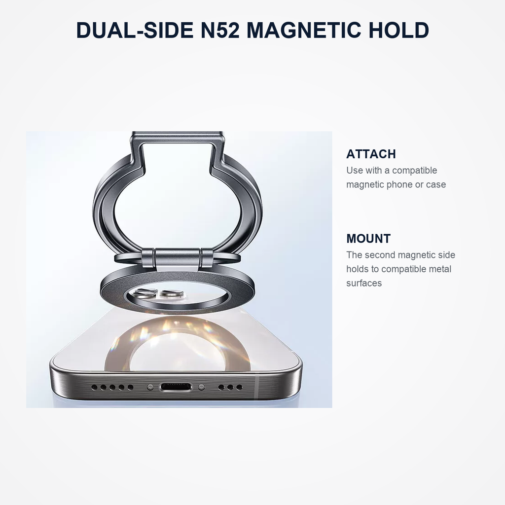 N52 dual-side magnetic attachment for compatible phones and metal surfaces