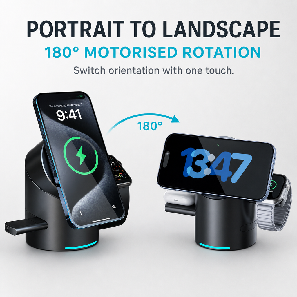 Qi2 charging station with 180-degree motorised rotation