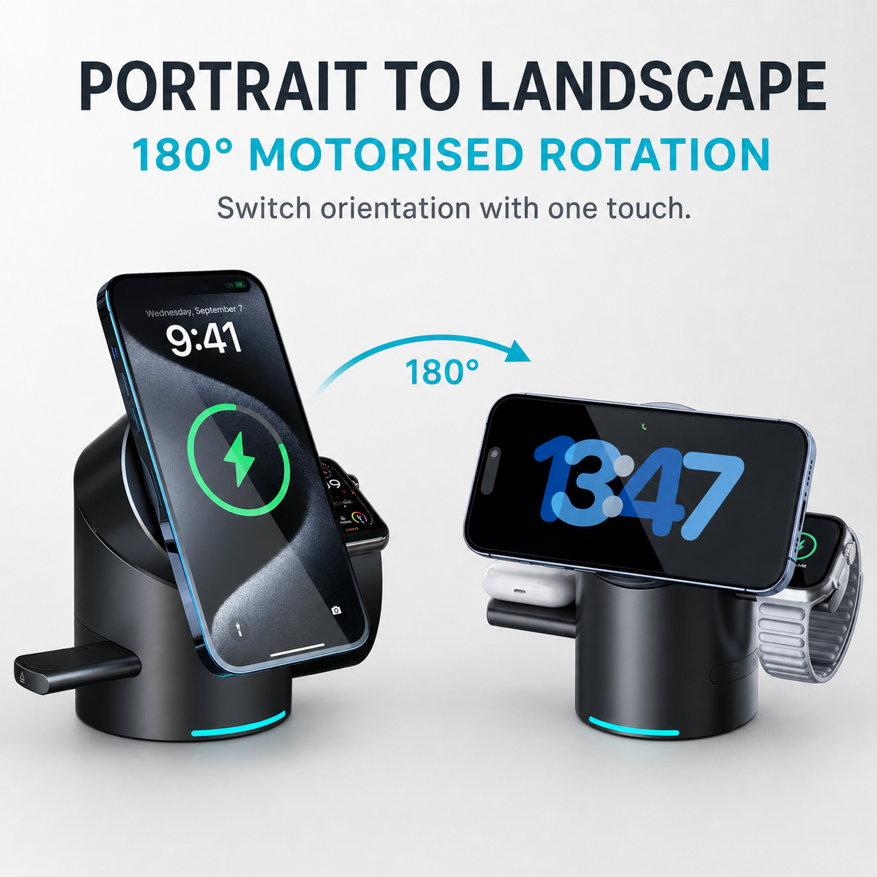 Qi2 charging station with 180-degree motorised rotation