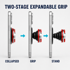 Two-stage expandable magnetic phone grip shown collapsed and extended