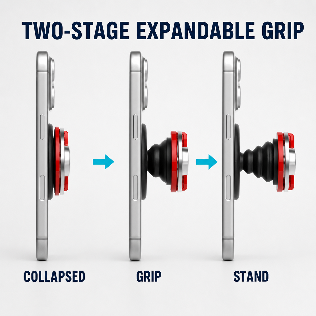 Two-stage expandable magnetic phone grip shown collapsed and extended