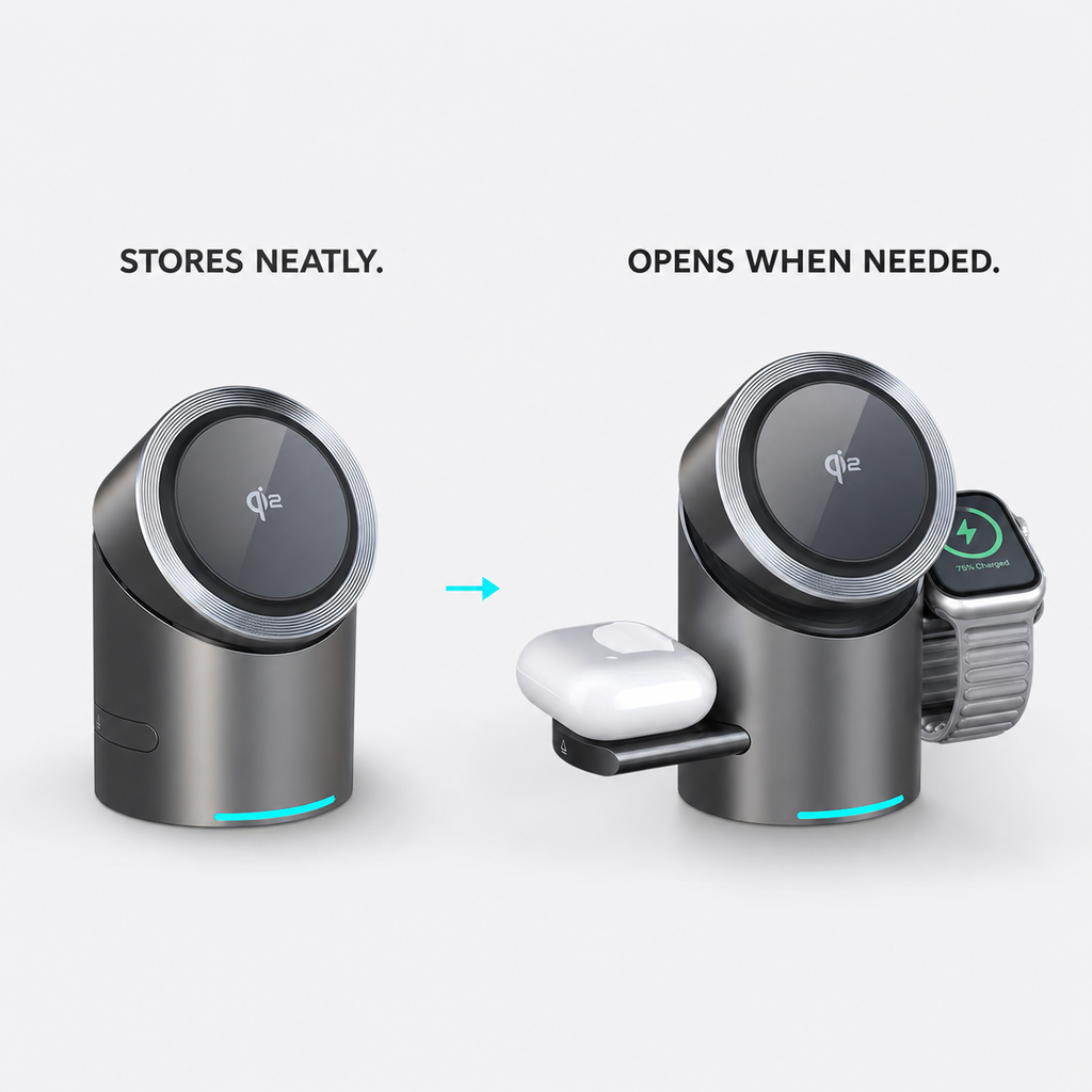 Fold-away watch and earbud charging positions