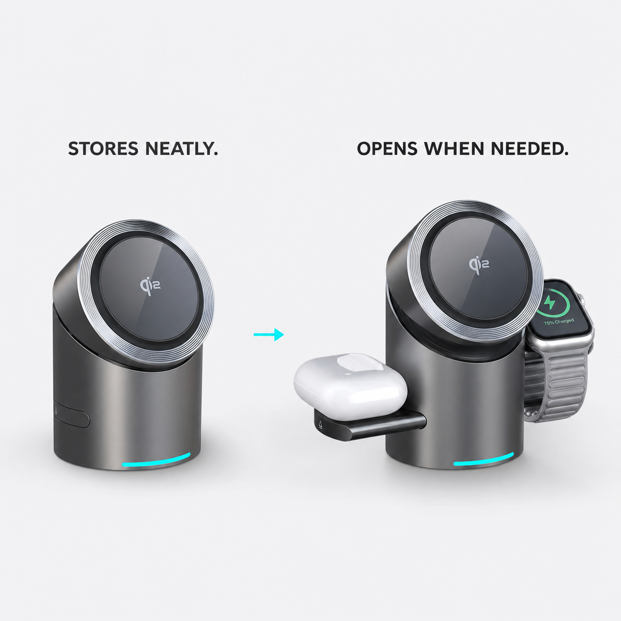 Fold-away watch and earbud charging positions
