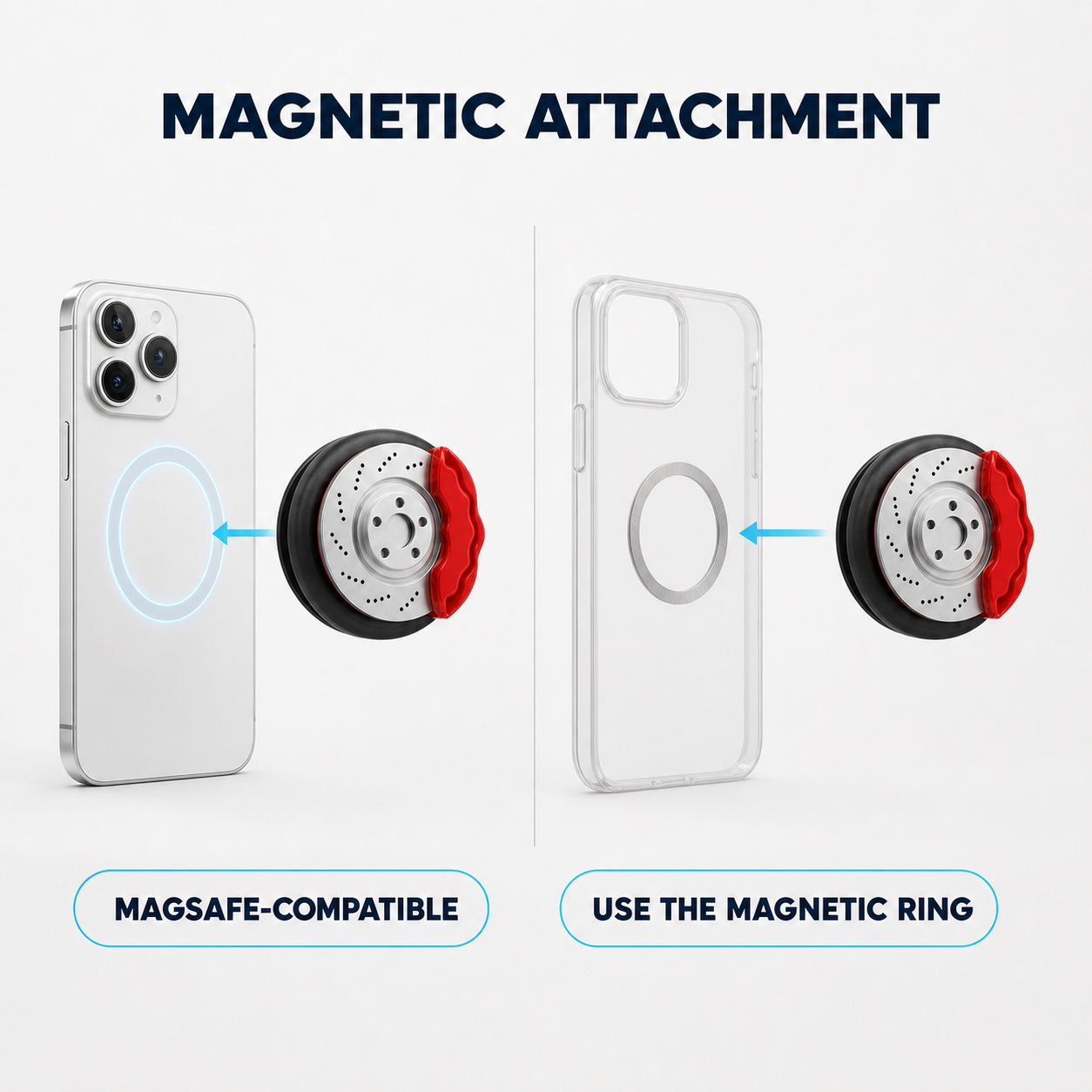 Magnetic phone grip attachment for compatible phones and phone cases