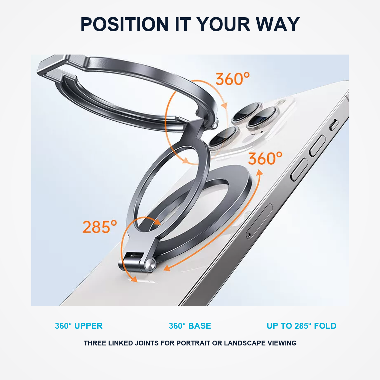 Triple-axis magnetic phone stand with 360 and 285 degree adjustment