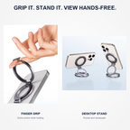 Magnetic phone finger grip with portrait and landscape stand modes