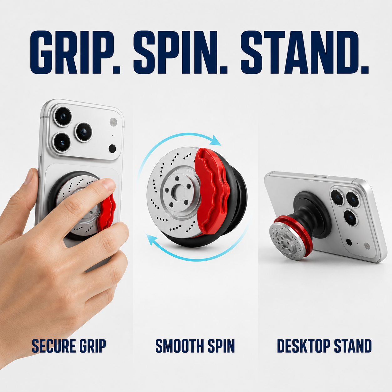 Brake caliper accessory used as a phone grip, spinner and desktop stand