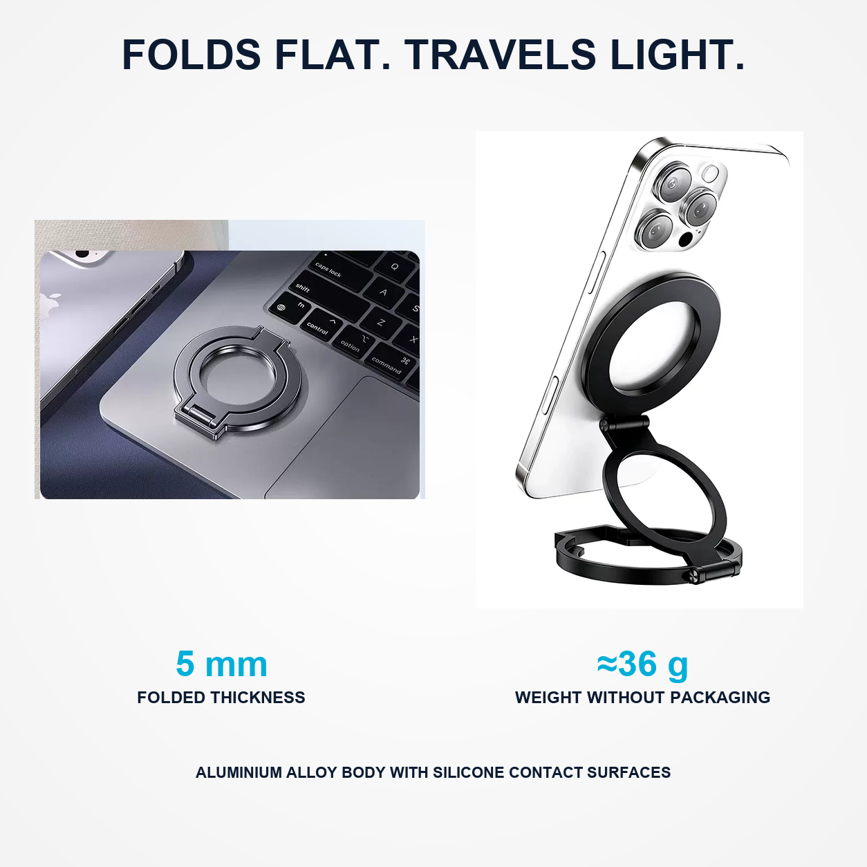 Lightweight 36 gram magnetic phone stand folded flat