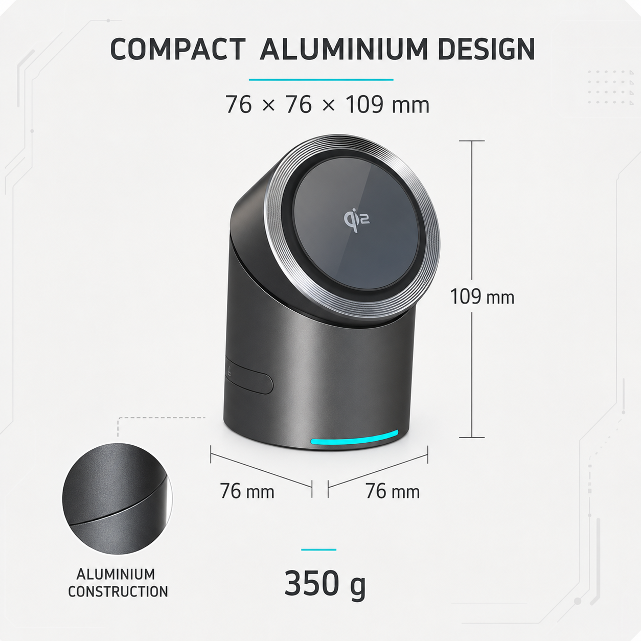 Aluminium charging station dimensions 76 x 76 x 109 mm