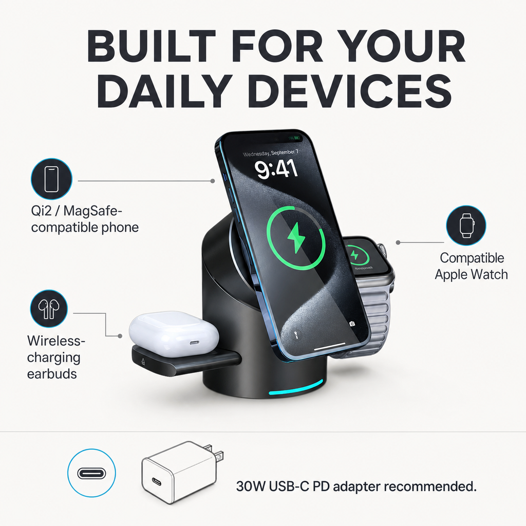 Qi2 3-in-1 charging station compatibility and power input specifications