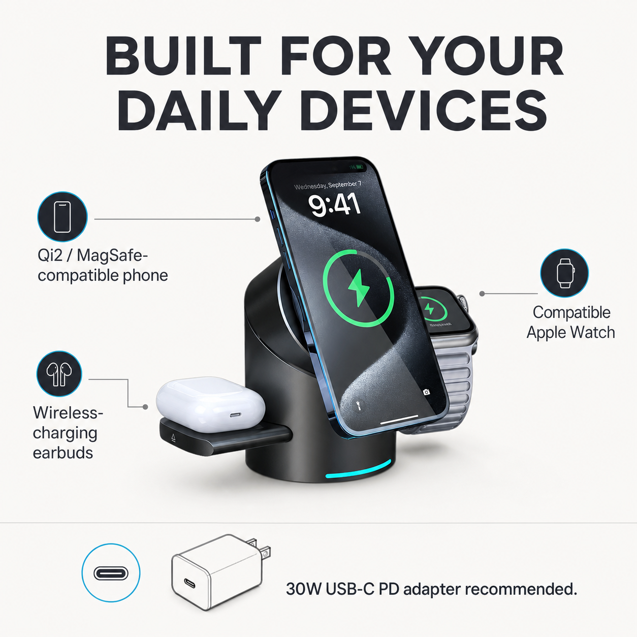 Qi2 3-in-1 charging station compatibility and power input specifications
