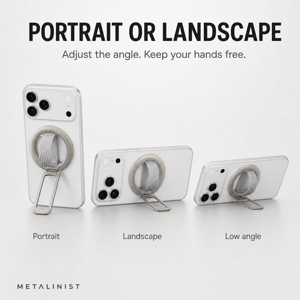 METALINIST magnetic phone ring holder adjusted for portrait, landscape and low-angle viewing
