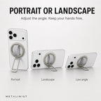 METALINIST magnetic phone ring holder adjusted for portrait, landscape and low-angle viewing