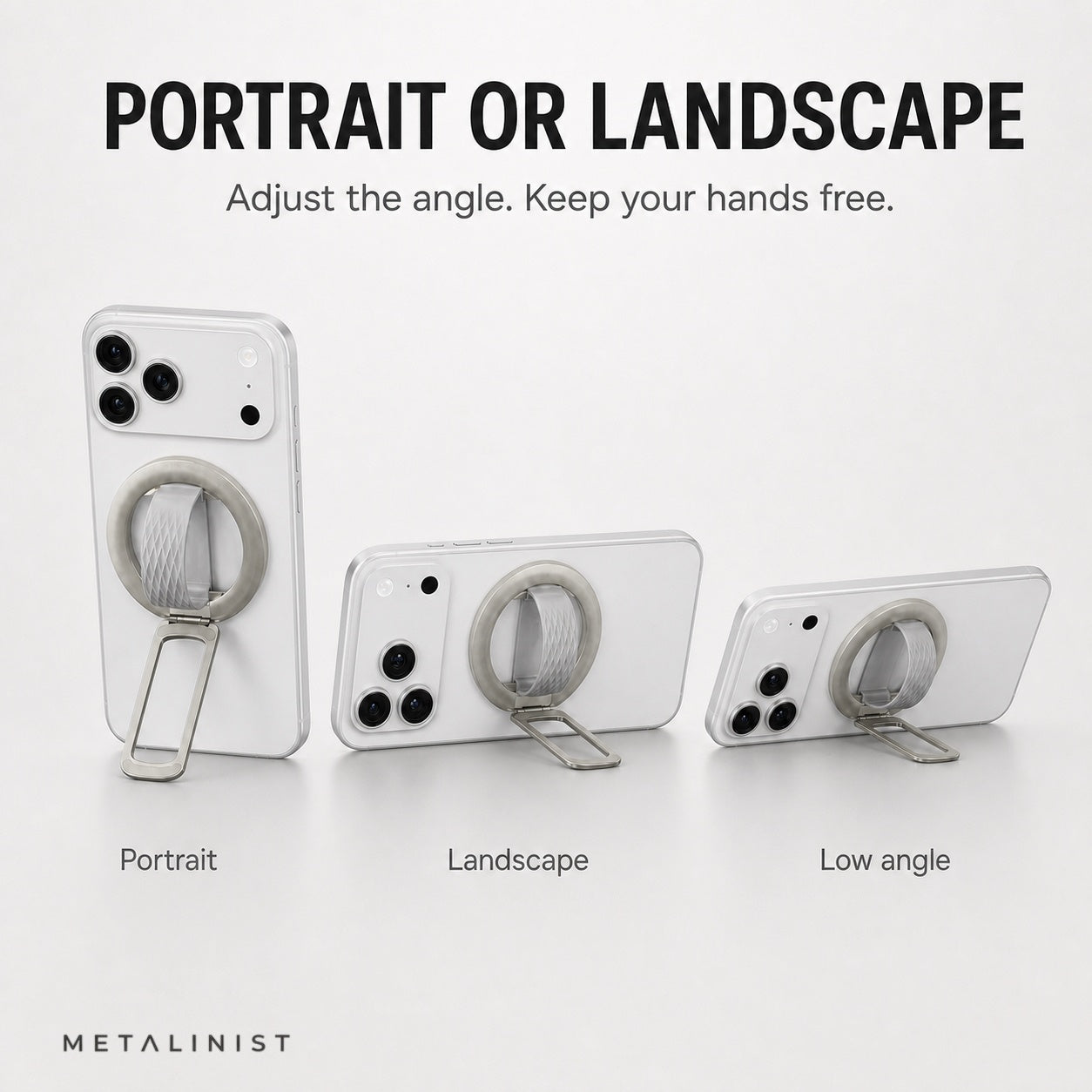 METALINIST magnetic phone ring holder adjusted for portrait, landscape and low-angle viewing