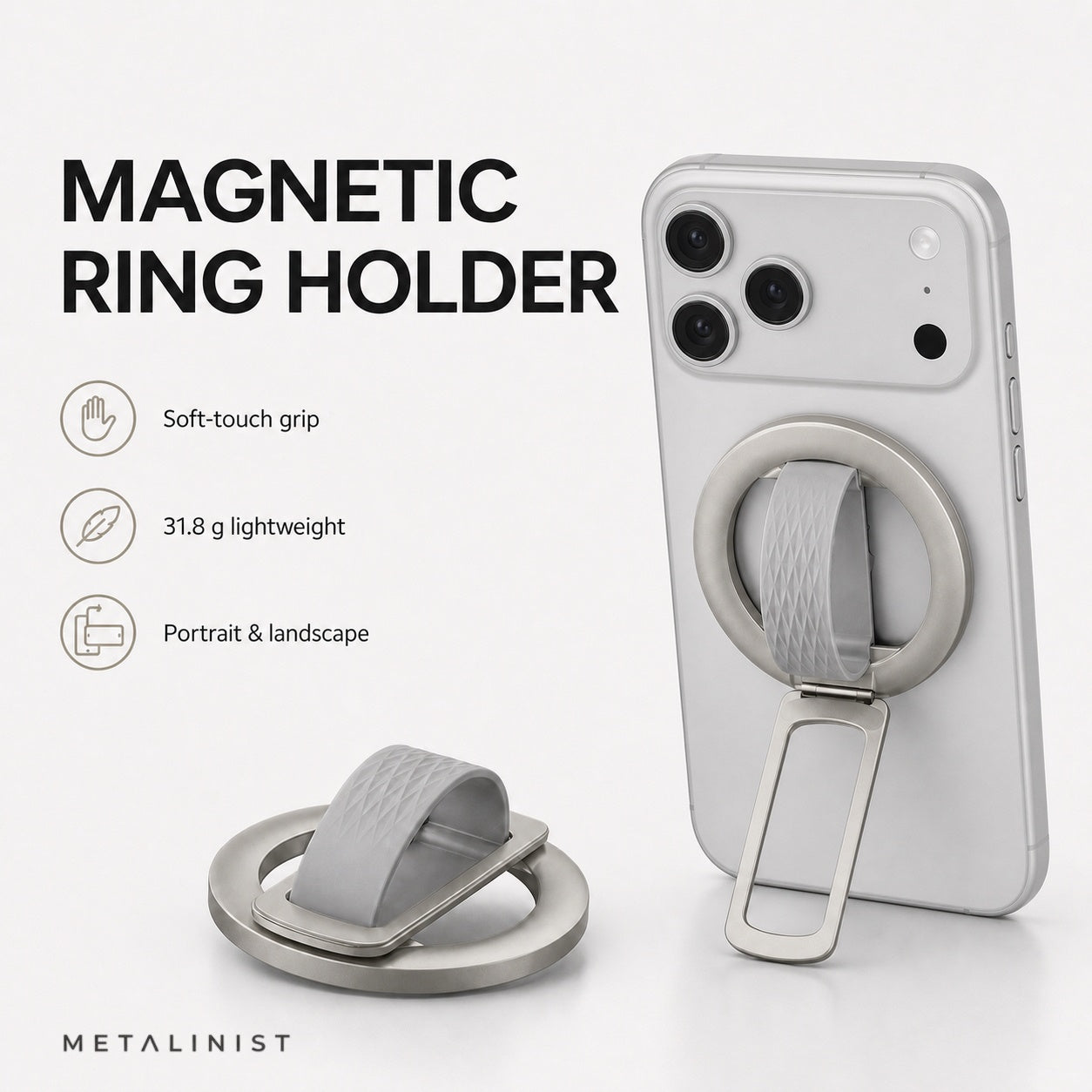 METALINIST magnetic ring holder with soft-touch grip, lightweight design and adjustable stand