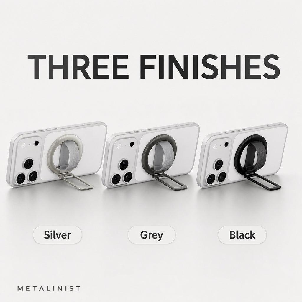 METALINIST magnetic phone ring holder shown in silver, grey and black finishes
