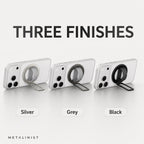 METALINIST magnetic phone ring holder shown in silver, grey and black finishes