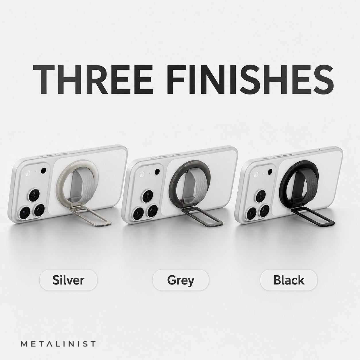 METALINIST magnetic phone ring holder shown in silver, grey and black finishes