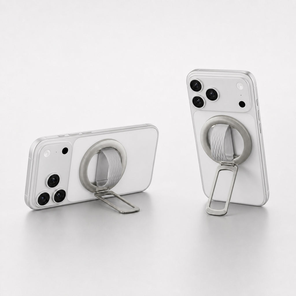 METALINIST magnetic phone ring holder supporting a silver iPhone in portrait and landscape