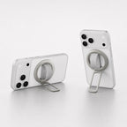 METALINIST magnetic phone ring holder supporting a silver iPhone in portrait and landscape