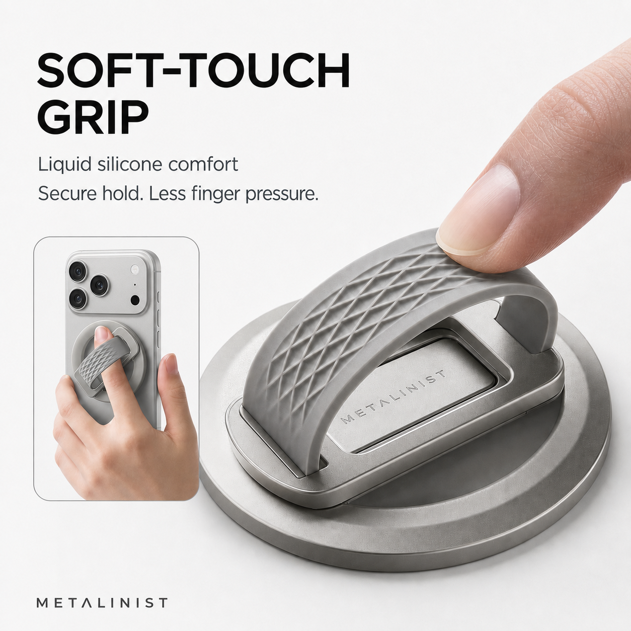 Close-up of the soft liquid silicone finger grip on the METALINIST magnetic ring holder