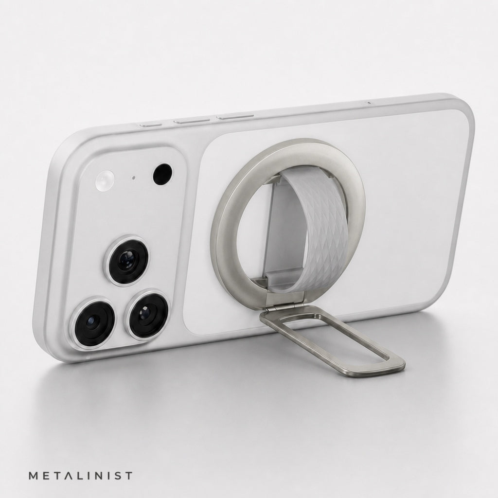 Silver METALINIST magnetic phone ring holder used as a landscape phone stand